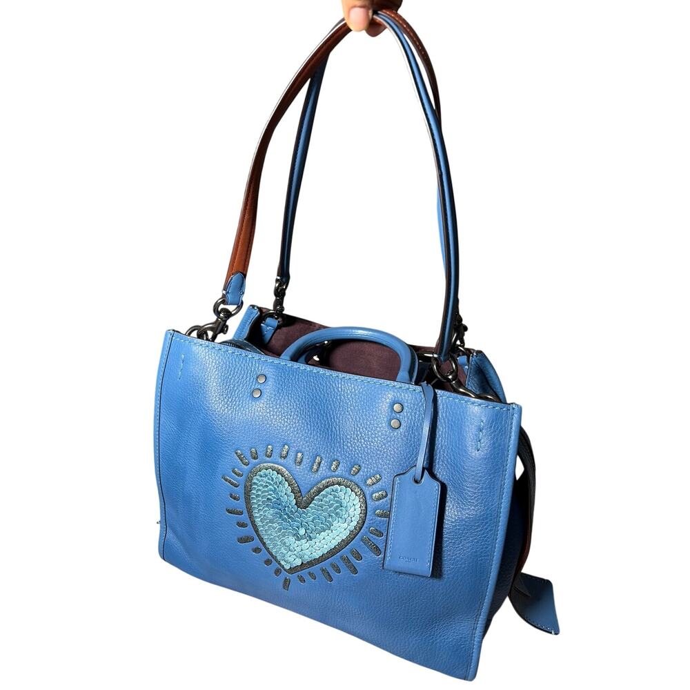 Coach X Keith Haring Rogue blue pebble leather sequined heart design